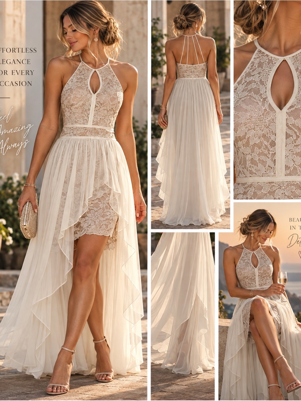 Morgan & Co Ivory Glitter Lace High Low Halter Dress Size 1/2 Bridal Prom